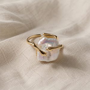 Sculptural Freshwater Baroque Pearl Wrap Ring in Gold, Adjustable band, Gift for Her