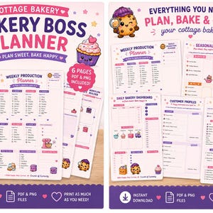 以下が含まれることがあります： ピンクと紫のヘッダーが付いた6ページの印刷可能なCottage Bakery Bakery Bossプランナーセット。週次生産プランナー、毎日のベーカリーダッシュボード、顧客プロファイル、クッキーのグラフィックが描かれた季節の計画フォームが含まれています。