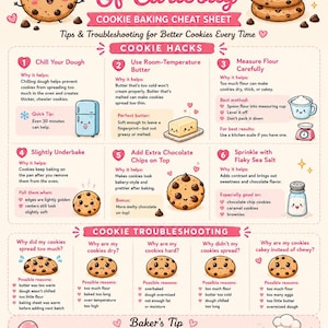 May include: A beige infographic titled Crumb Of Curiosity Cookie Baking Cheat Sheet. It features cartoon cookies, a refrigerator, butter, a measuring cup, a scale, and a salt shaker. The text provides tips, hacks, and troubleshooting for baking.