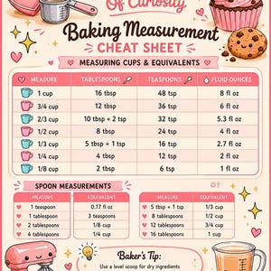 Può includere: Un foglio di riferimento Crumb Of Curiosity Baking Measurement Cheat Sheet con tabelle per misurini, equivalenze e misure di cucchiai. L'immagine include illustrazioni di un mixer rosa, misurini, un cupcake e un biscotto con testo.