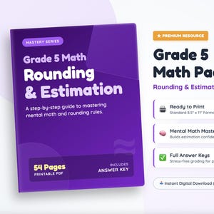 Puede incluir: Un libro de ejercicios digital morado titulado Grade 5 Math Rounding & Estimation, Mastery Series. El PDF imprimible de 54 páginas incluye una clave de respuestas. Cuenta con un formato listo para imprimir de 21,59 cm por 27,94 cm.