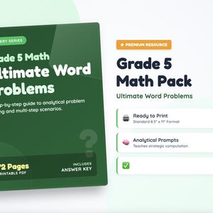 May include: A dark green digital book cover titled Grade 5 Math Ultimate Word Problems, Mastery Series, 72 Pages, Printable PDF, Includes Answer Key. Next to it, a list displays Premium Resource, Grade 5 Math Pack, Ready to Print 8.5" x 11".