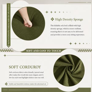 May include: An olive green corduroy fabric sofa bed featuring high density sponge filling. The image includes text: High Density Sponge, Soft and Cosy to Touch, Soft Corduroy, and Stylish and beautiful corduroy makes the sofa stand out.