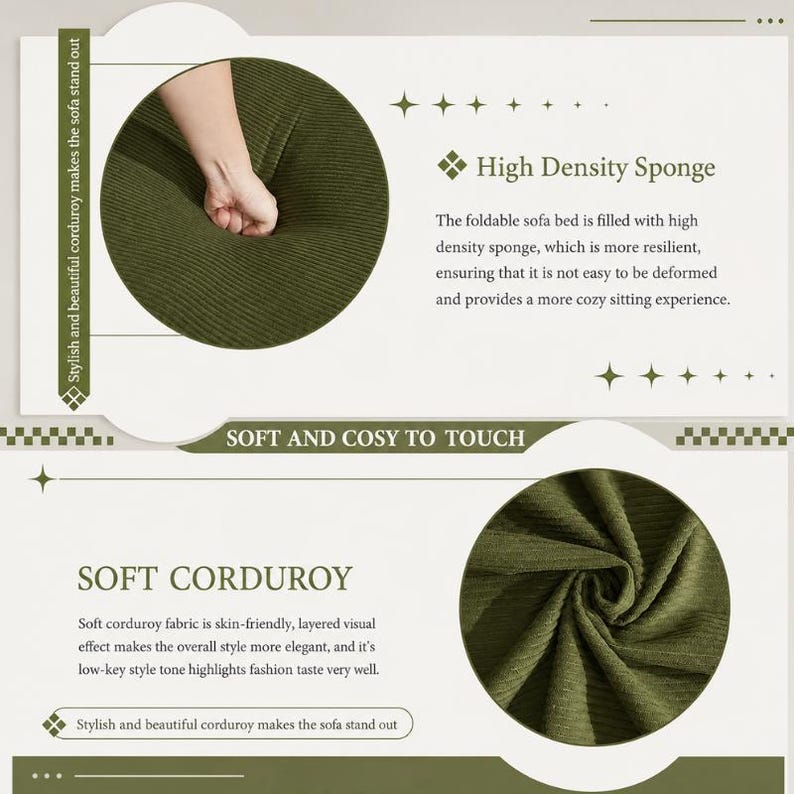 May include: An olive green corduroy fabric sofa bed featuring high density sponge filling. The image includes text: High Density Sponge, Soft and Cosy to Touch, Soft Corduroy, and Stylish and beautiful corduroy makes the sofa stand out.