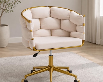 Velvet Swivel Vanity Chair, Gold Desk Chair with Woven Back
