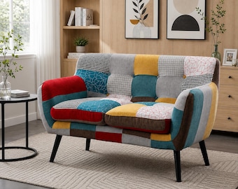 Boho Plaid Loveseat Sofa, Colorful Upholstered Couch with Wood Legs