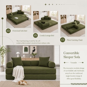 May include: A modular olive green corduroy convertible sleeper sofa featuring a low-profile rectangular base, two large square back cushions, and two cylindrical side bolsters. The design allows for multiple configurations as a sofa or bed.