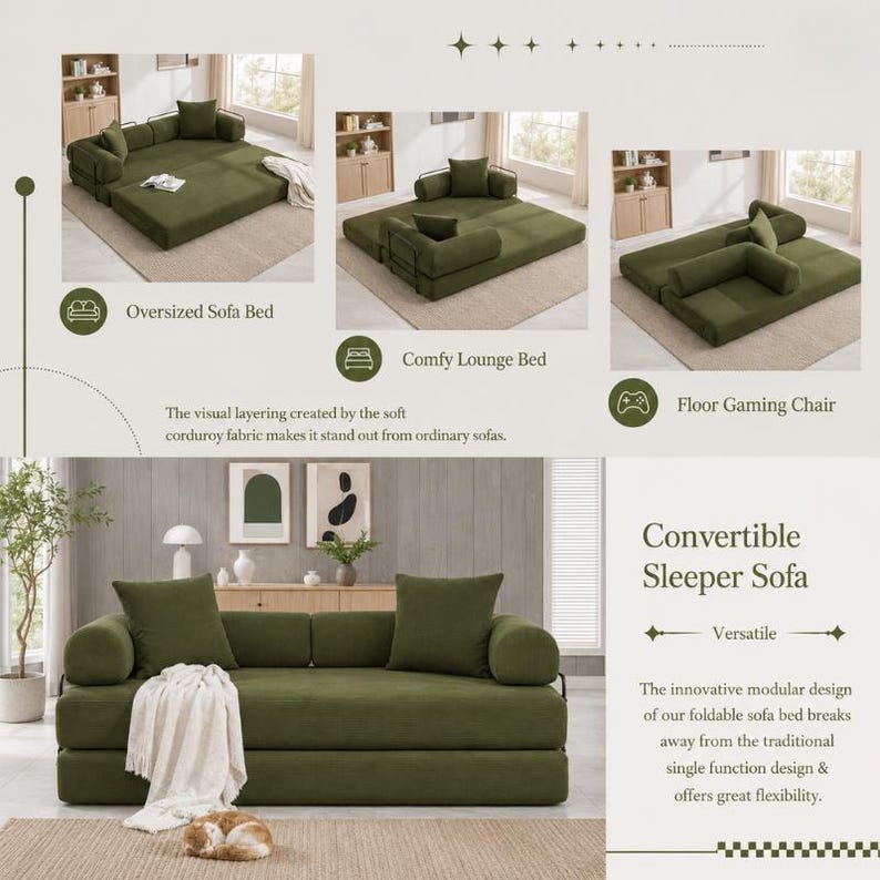 May include: A modular olive green corduroy convertible sleeper sofa featuring a low-profile rectangular base, two large square back cushions, and two cylindrical side bolsters. The design allows for multiple configurations as a sofa or bed.