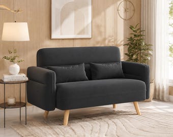 Mid Century Loveseat Sofa with Lumbar Pillows and Wood Legs