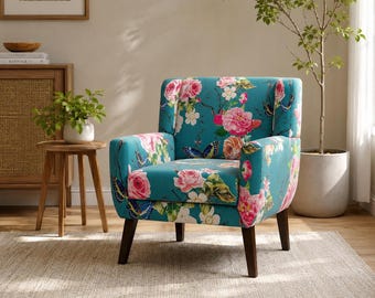 Floral Blue Accent Chair, Linen Blend Reading Armchair for Small Spaces