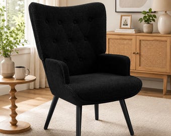 Teddy Fabric Accent Chair, Mid Century Wingback Armchair with Metal Legs