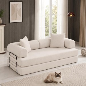 Convertible Sofa Bed with Removable Backrest and Corduroy Sleeper Design Beige