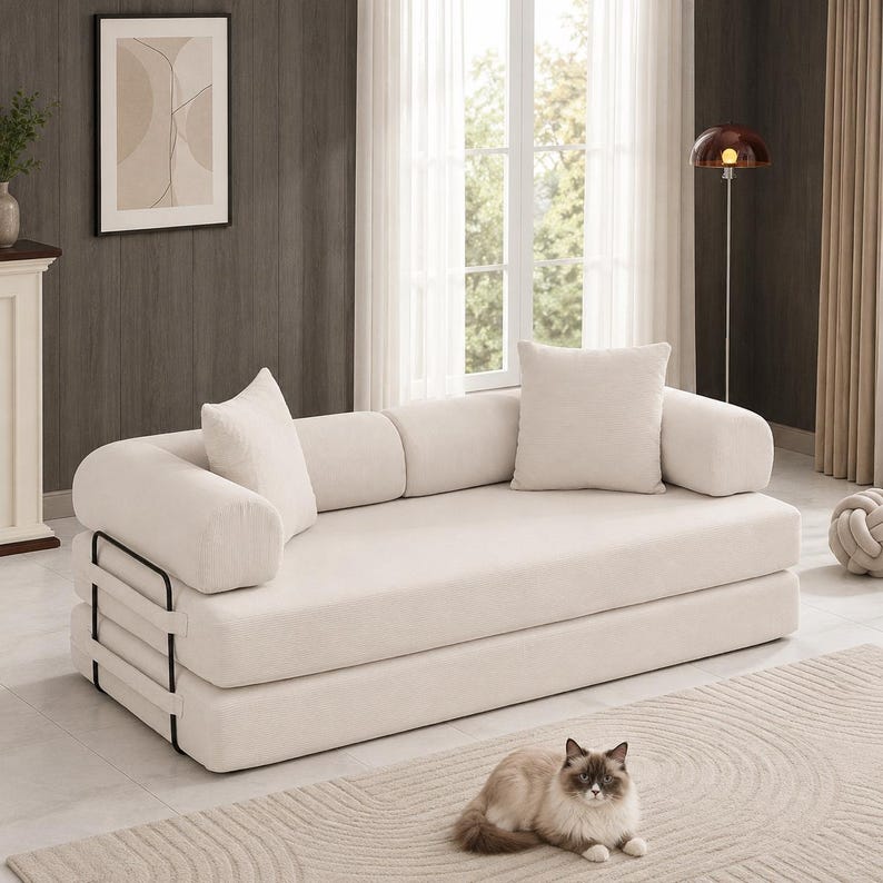 Convertible Sofa Bed with Removable Backrest and Corduroy Sleeper Design Beige
