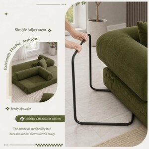 May include: A modular olive green corduroy sofa featuring flexible armrests supported by black iron bars. The text on the image reads: Simple Adjustment, Extremely Flexible Armrests, Freely Movable, Multiple Combination Options, and The armrests are fixed by iron bars and can be moved at will easily.