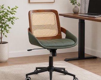 Rattan Back Office Chair, Walnut Desk Chair with Faux Leather Seat