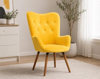 Velvet Tufted Accent Chair, Button Back Lounge Chair in Yellow