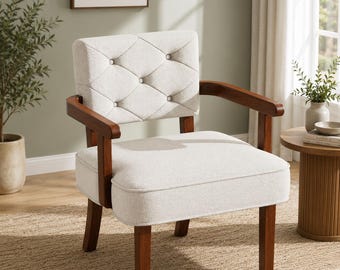 Mid Century Accent Chair, Tufted Upholstered Armchair with Wood Arms