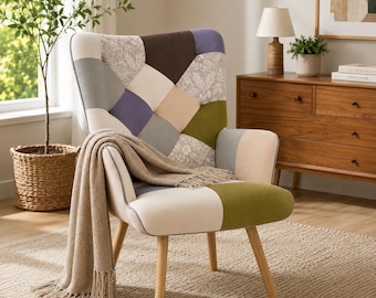 Boho Patchwork Accent Chair, High Back Reading Armchair with Wood Legs