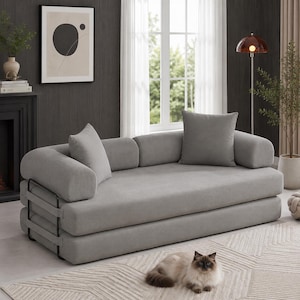 Convertible Sofa Bed with Removable Backrest and Corduroy Sleeper Design Gray