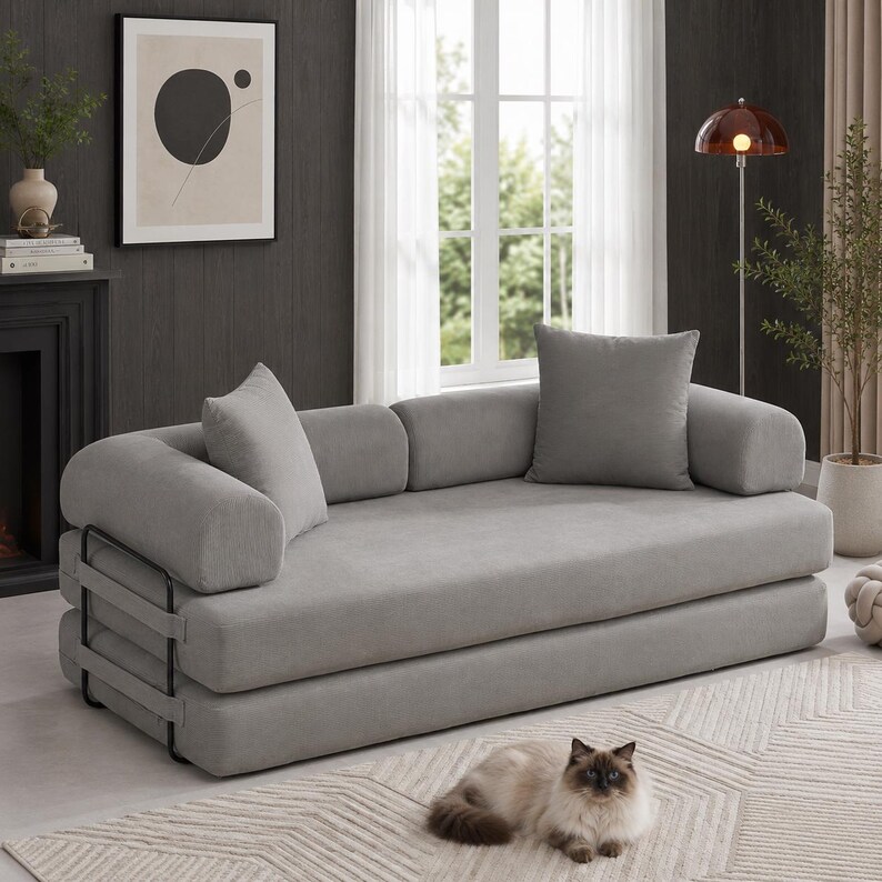 Convertible Sofa Bed with Removable Backrest and Corduroy Sleeper Design Gray