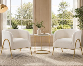 Boucle Accent Chair Set of 2 with Gold Legs for Living Room