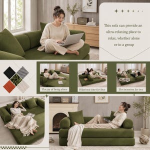 May include: A modular olive green sofa with a textured fabric finish, featuring a low-profile design with rounded armrests and back cushions. The sofa is shown in multiple configurations, including as a flat sleeping surface and a seating area.