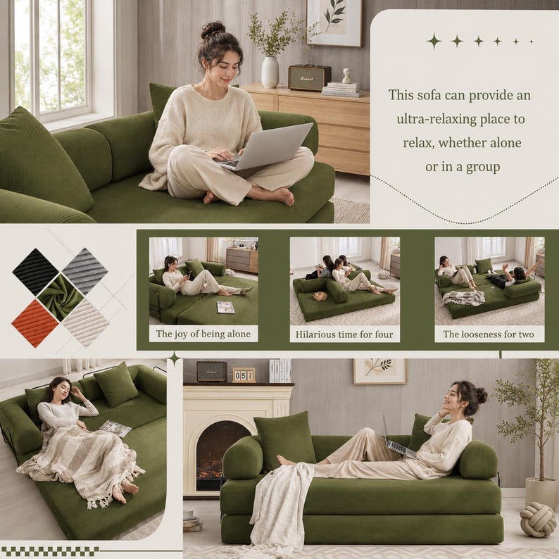 May include: A modular olive green sofa with a textured fabric finish, featuring a low-profile design with rounded armrests and back cushions. The sofa is shown in multiple configurations, including as a flat sleeping surface and a seating area.
