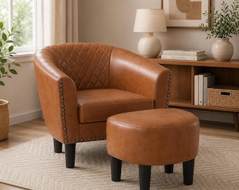 PU Leather Accent Chair with Ottoman, Barrel Reading Chair for Small Spaces