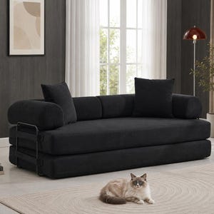 Convertible Sofa Bed with Removable Backrest and Corduroy Sleeper Design Black