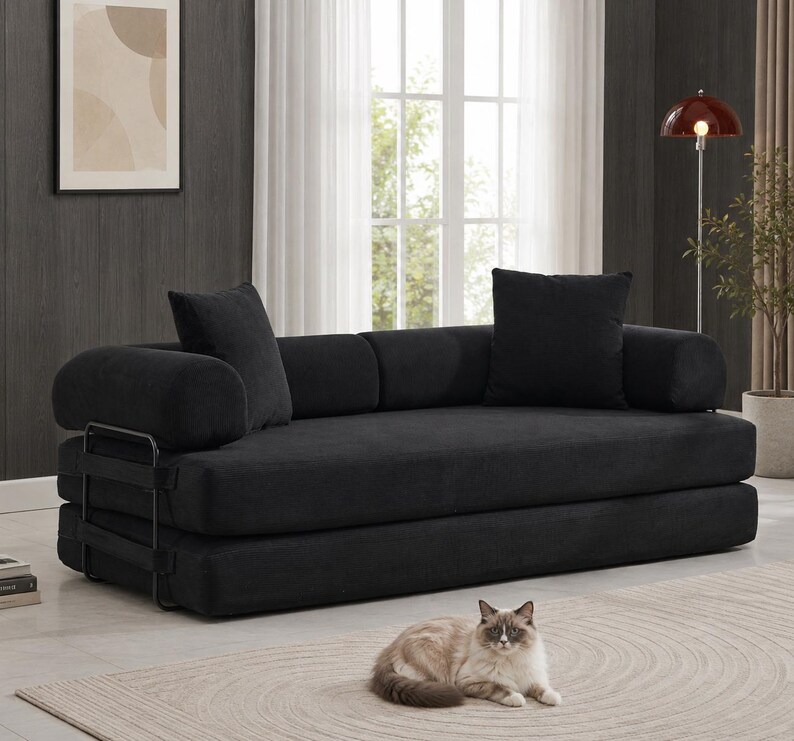 Convertible Sofa Bed with Removable Backrest and Corduroy Sleeper Design Black