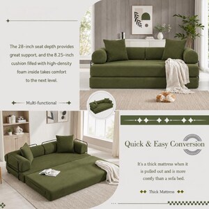 May include: An olive green multi-functional sofa bed with a 28-inch seat depth and 8.25-inch high-density foam cushions. The piece converts from a sofa into a thick mattress. Text on the image includes: The 28-inch seat depth provides great support.