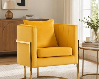 Yellow Velvet Accent Chair, Barrel Armchair with Gold Legs and Pillow