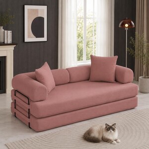 Convertible Sofa Bed with Removable Backrest and Corduroy Sleeper Design Dark Pink