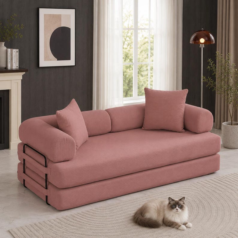 Convertible Sofa Bed with Removable Backrest and Corduroy Sleeper Design Dark Pink