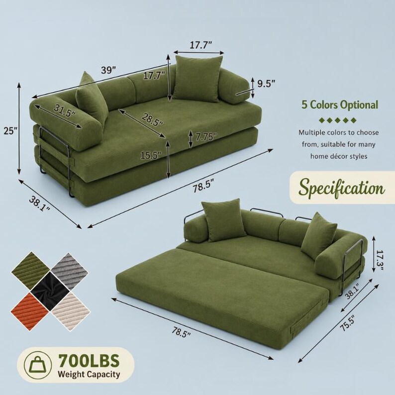 May include: An olive green convertible sofa bed with a black metal frame, shown in folded and extended positions. Dimensions include a 78.5-inch length, 38.1-inch depth, and 700 lbs weight capacity. Includes two square pillows and two bolster pillows.