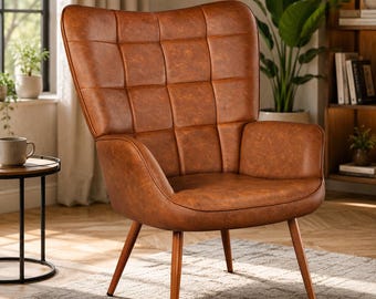 Mid Century PU Leather Accent Chair, High Back Armchair with Metal Legs