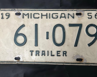 1956 Michigan Trailer License Plate 61 079 Muskegon County Vintage White Green Antique