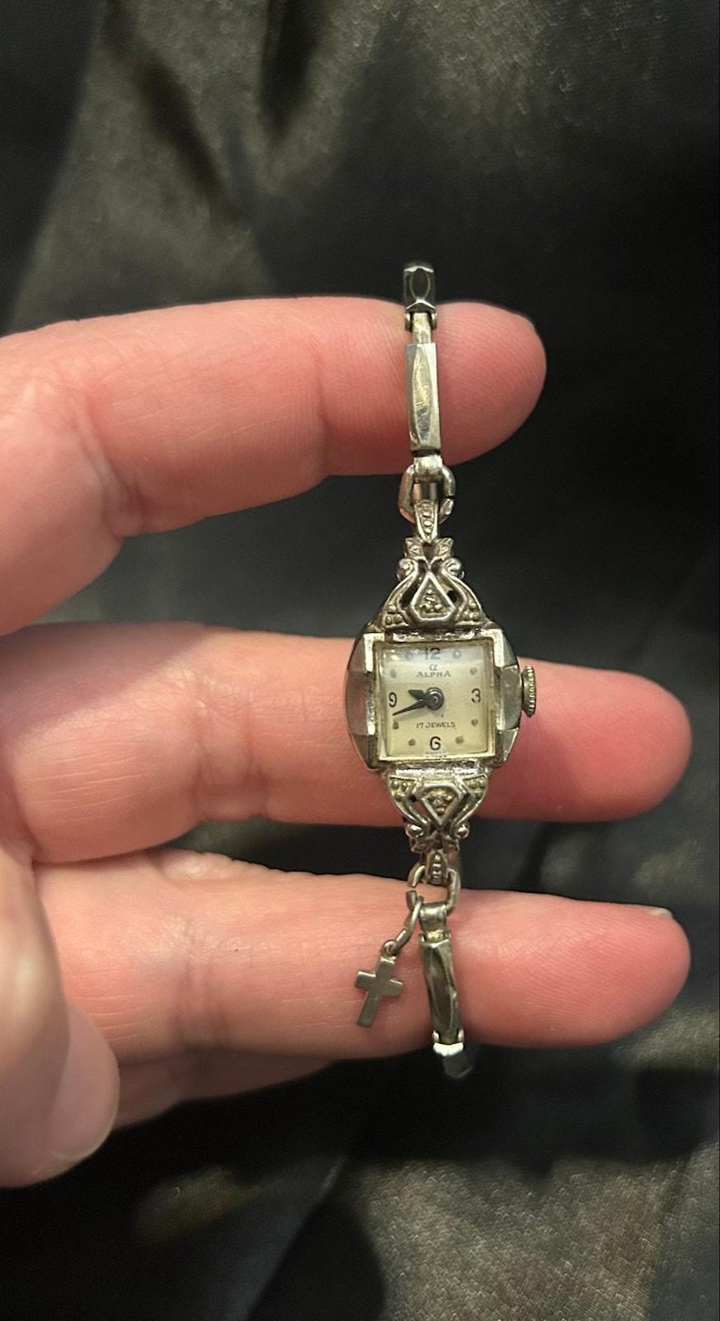 Vintage Alpha 17 Jewel Art Deco Filigree Watch with Cross Charm image 1