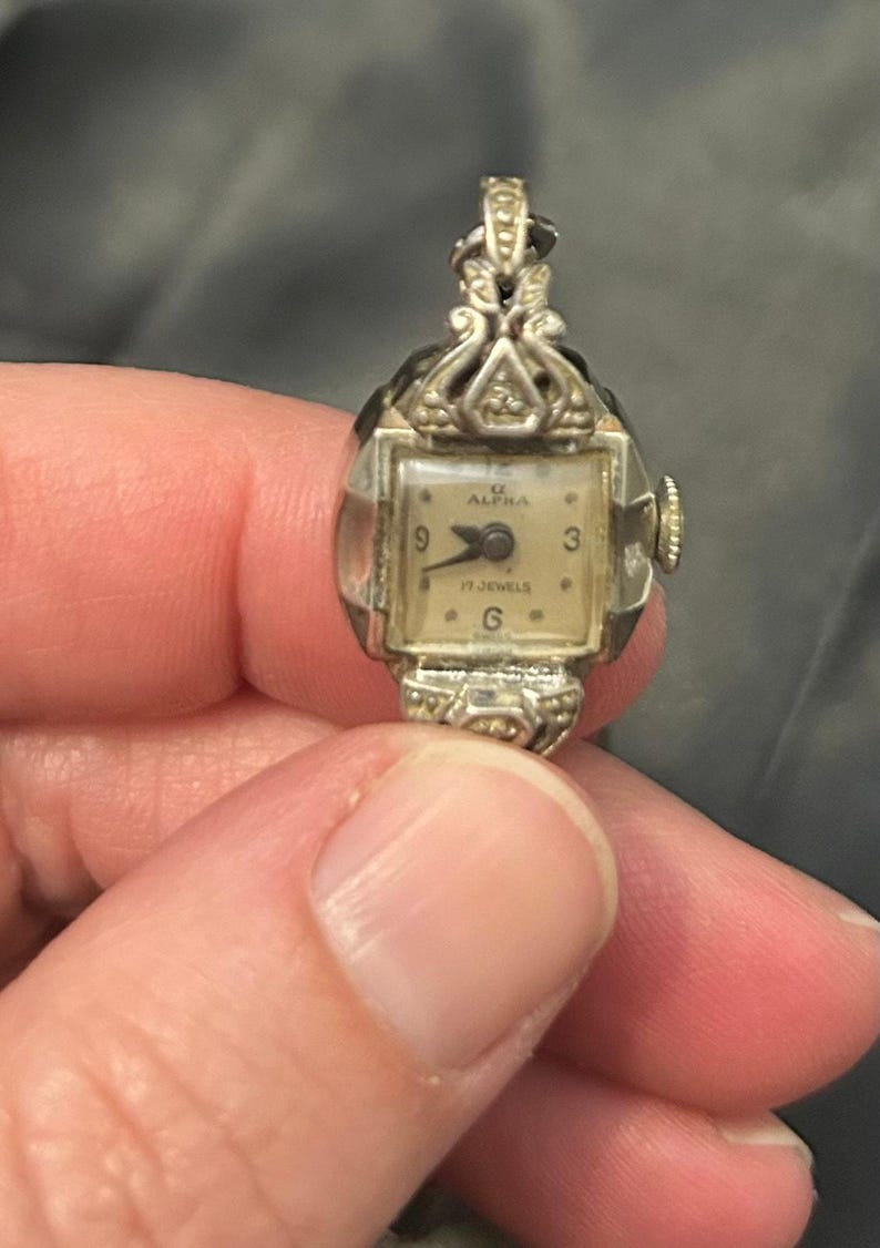 Vintage Alpha 17 Jewel Art Deco Filigree Watch with Cross Charm image 5