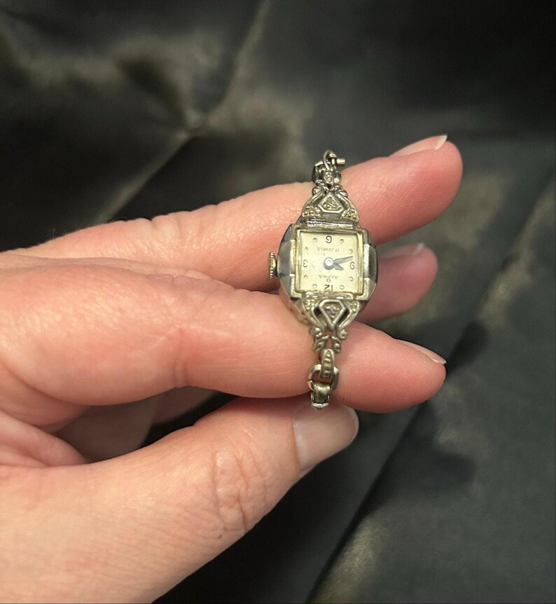Vintage Alpha 17 Jewel Art Deco Filigree Watch with Cross Charm image 7