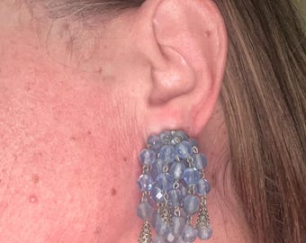 Vtg 1950s West Germany Blue Lucite Chunky Cluster Tassel Clip On Earrings Signed