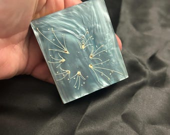 Rare 1950s Blue Lucite Carryall Compact Case, Mid Century Atomic Starburst with Mirror & Puff