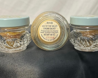 Vintage Avon Lily of the Valley Set - Two Ornate Jars & 1 Decorative Jar, Cream Sachets, 70s