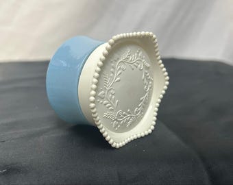 Vintage Avon Here’s My Heart Cream - Blue Milk Glass Cameo Lid, Collectible, 3/4 Full