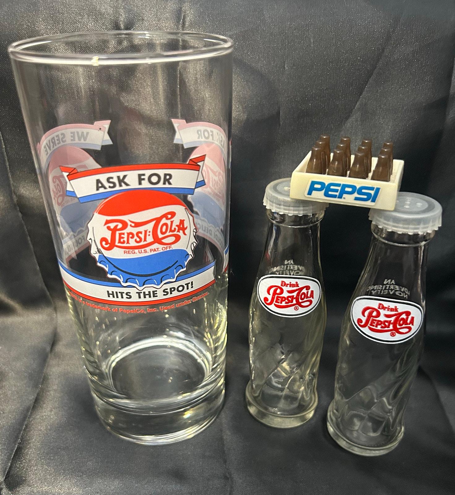 Vintage Pepsi-Cola Glass, Salt Shakers, Mini Crate - 70s 80s Collectible Trio