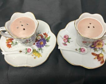 Cracker Barrel Teacup Salt Pepper Shakers Set with Saucers Mini Spoons Floral