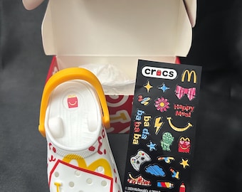 2024 McDonald's x Crocs Mini Clog Keychain Smiling Happy Meal Box White Red Asia Exclusive New in Box with Sticker Sheet