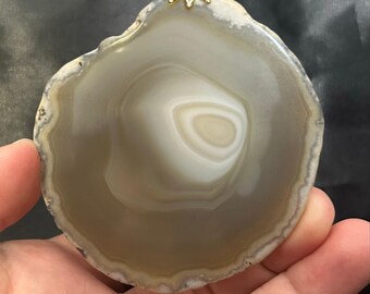 Vintage Natural Agate Slice Pendant - Cream Banded Stone, Gold Tone Bail, Boho