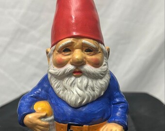 Vintage 1979 Gorham Gnome Ceramic Coin Bank Unieboek Korea 7 inch Red Hat Blue