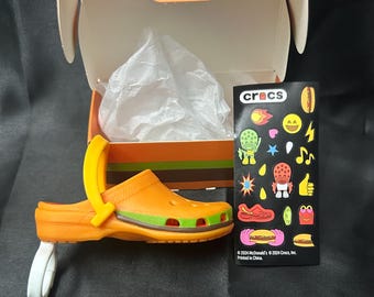 2024 McDonald's x Crocs Mini Clog Keychain Big Mac Hamburger Orange Asia Exclusive New in Box with Sticker Sheet